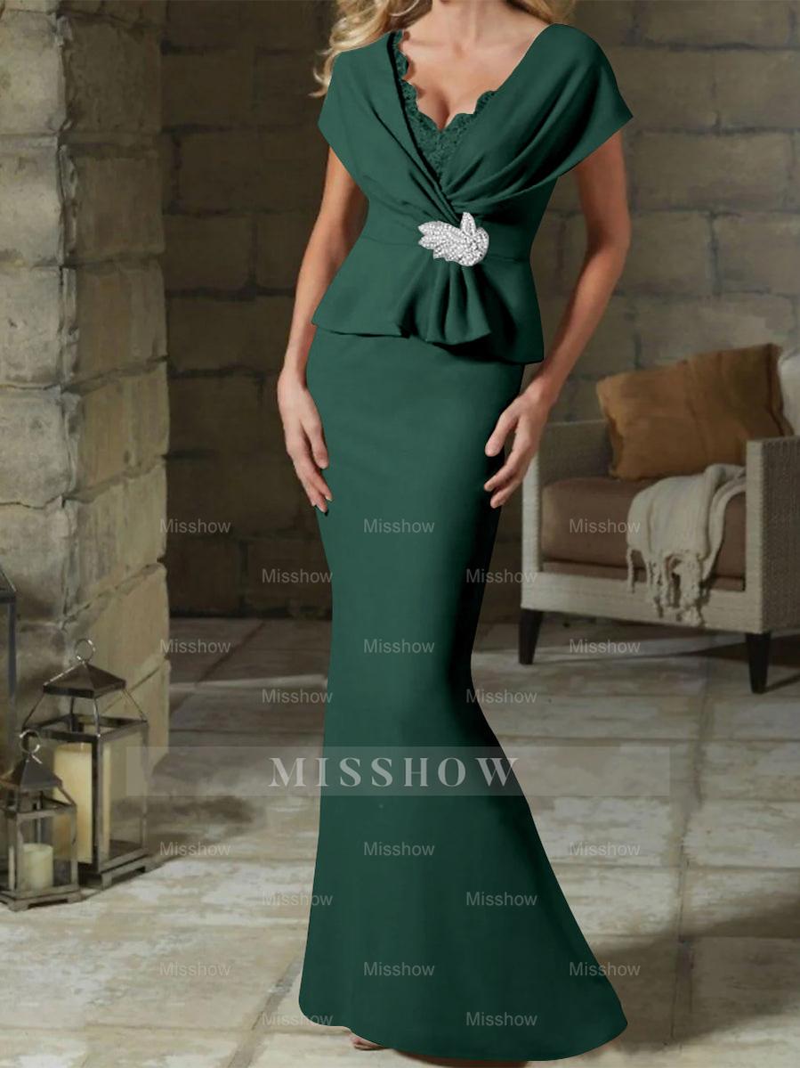 V-Neck Belted Mother of the Bride Sheath/Column Dresses