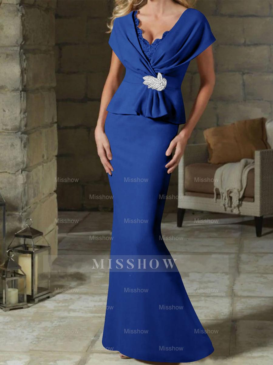 V-Neck Belted Mother of the Bride Sheath/Column Dresses