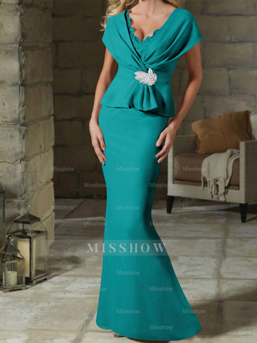 V-Neck Belted Mother of the Bride Sheath/Column Dresses