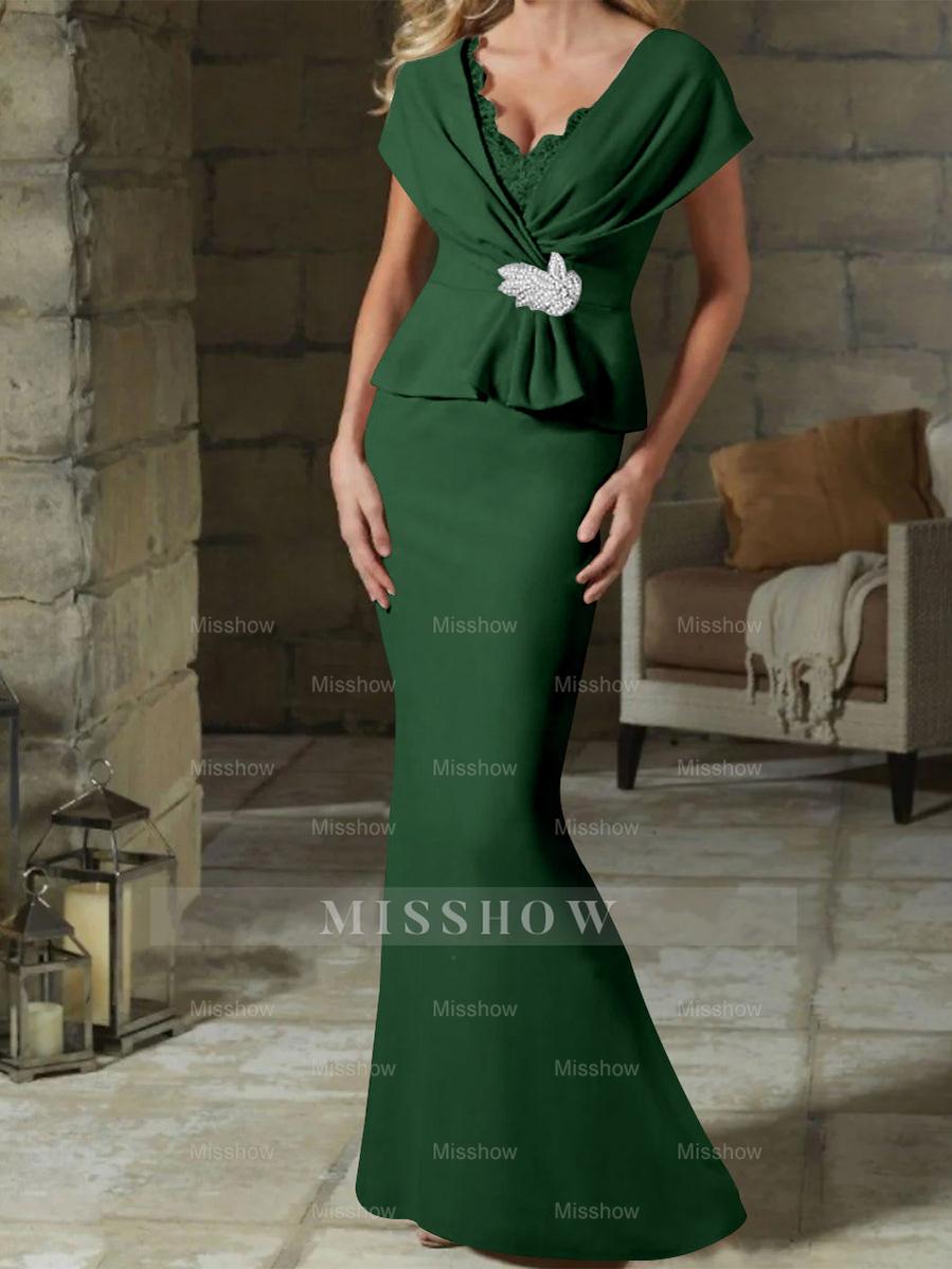 V-Neck Belted Mother of the Bride Sheath/Column Dresses