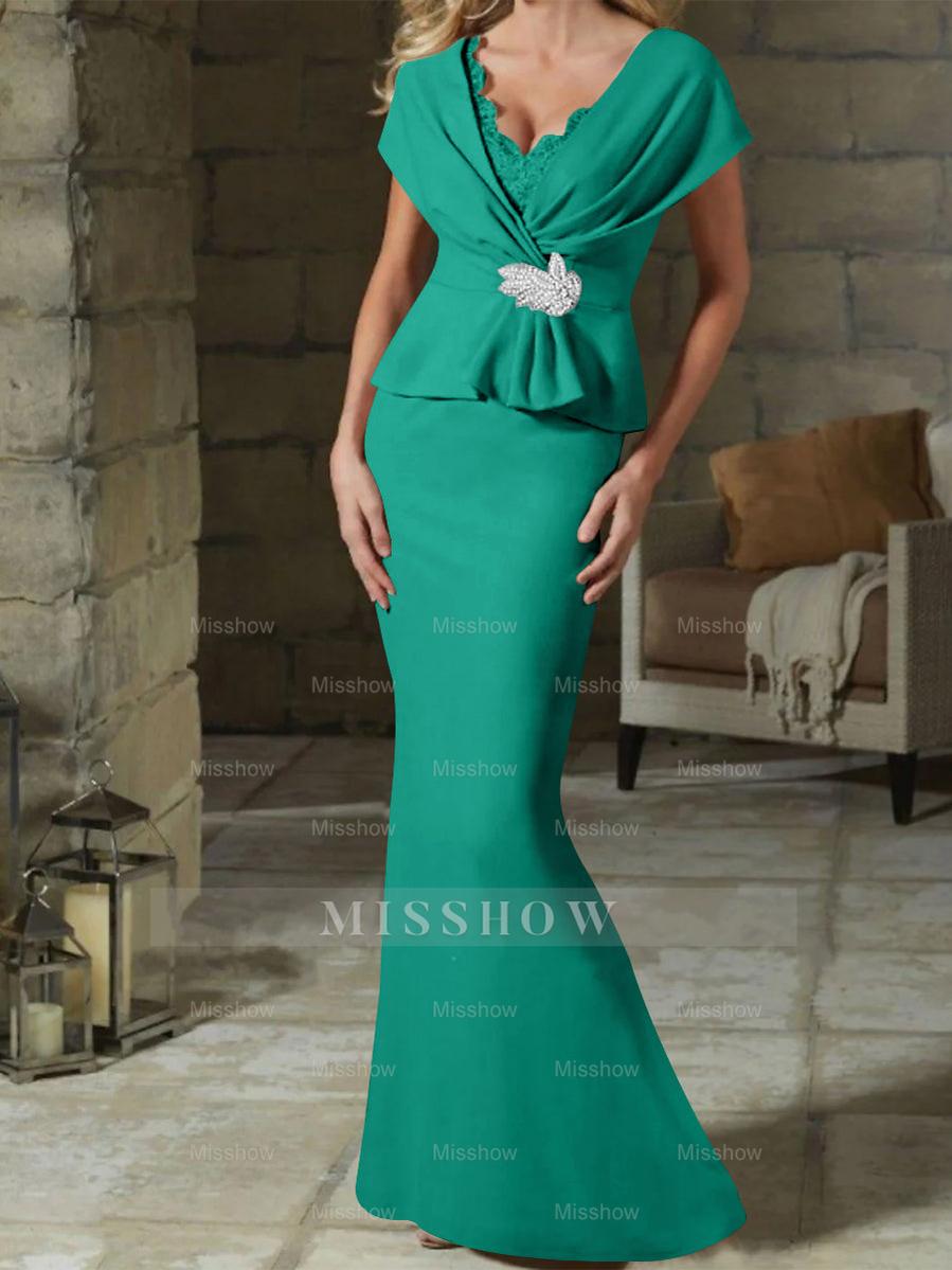 V-Neck Belted Mother of the Bride Sheath/Column Dresses