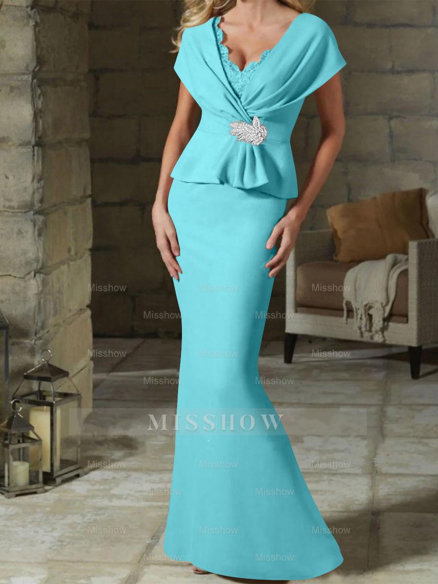 V-Neck Belted Mother of the Bride Sheath/Column Dresses