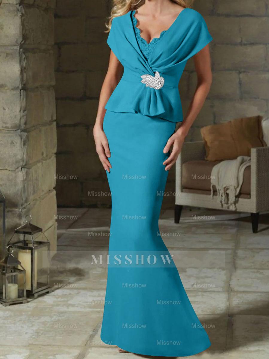 V-Neck Belted Mother of the Bride Sheath/Column Dresses