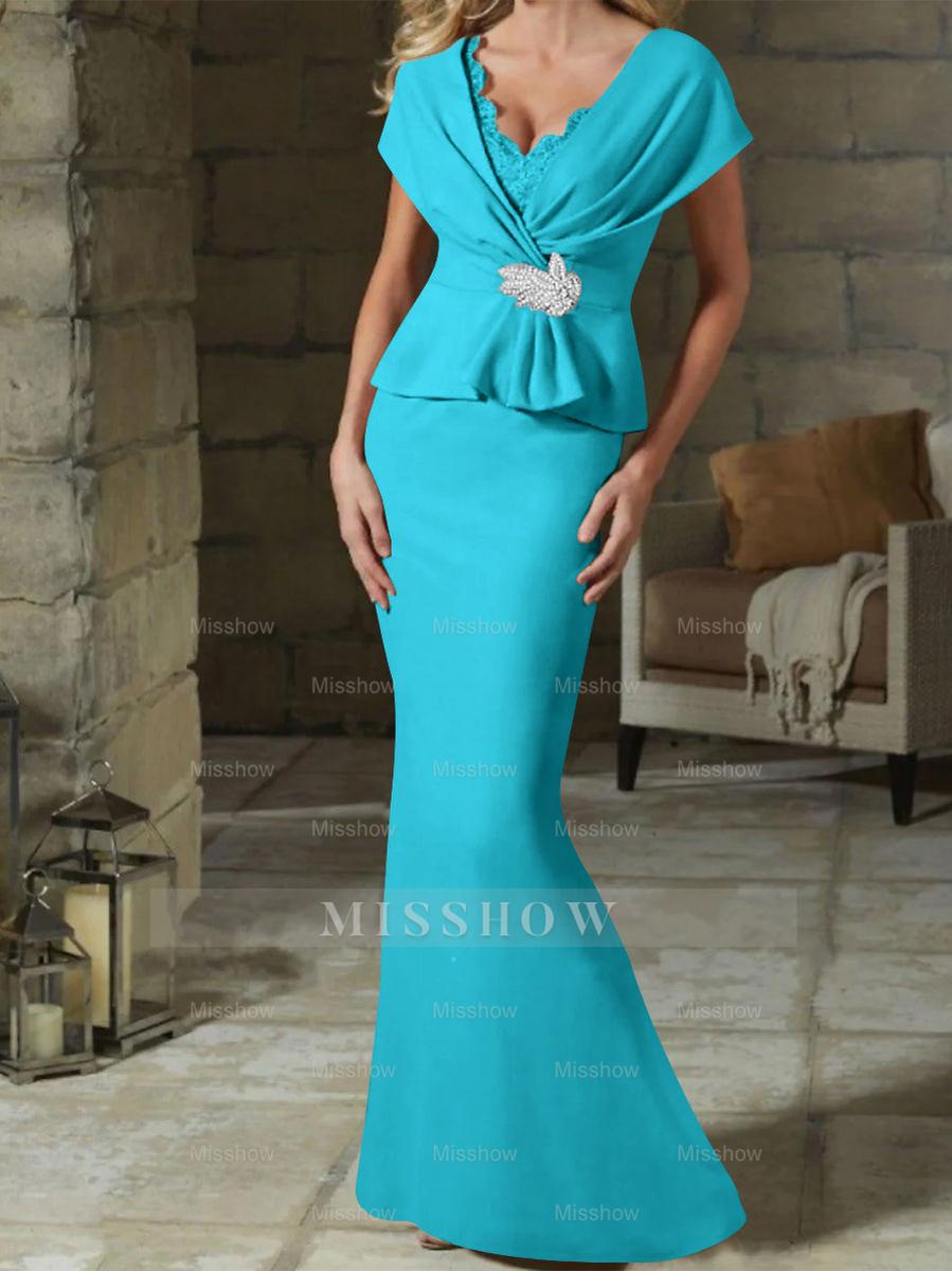 V-Neck Belted Mother of the Bride Sheath/Column Dresses