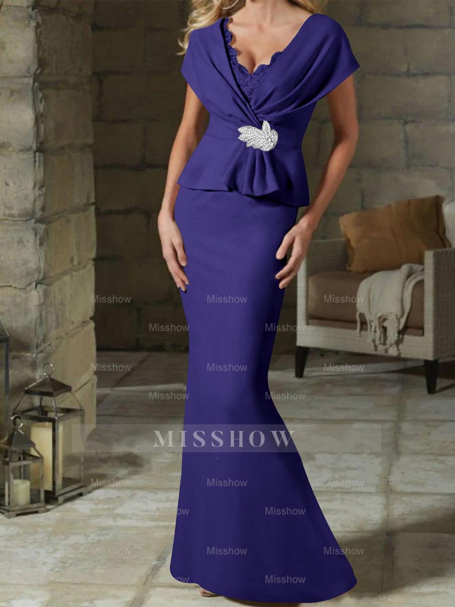 V-Neck Belted Mother of the Bride Sheath/Column Dresses