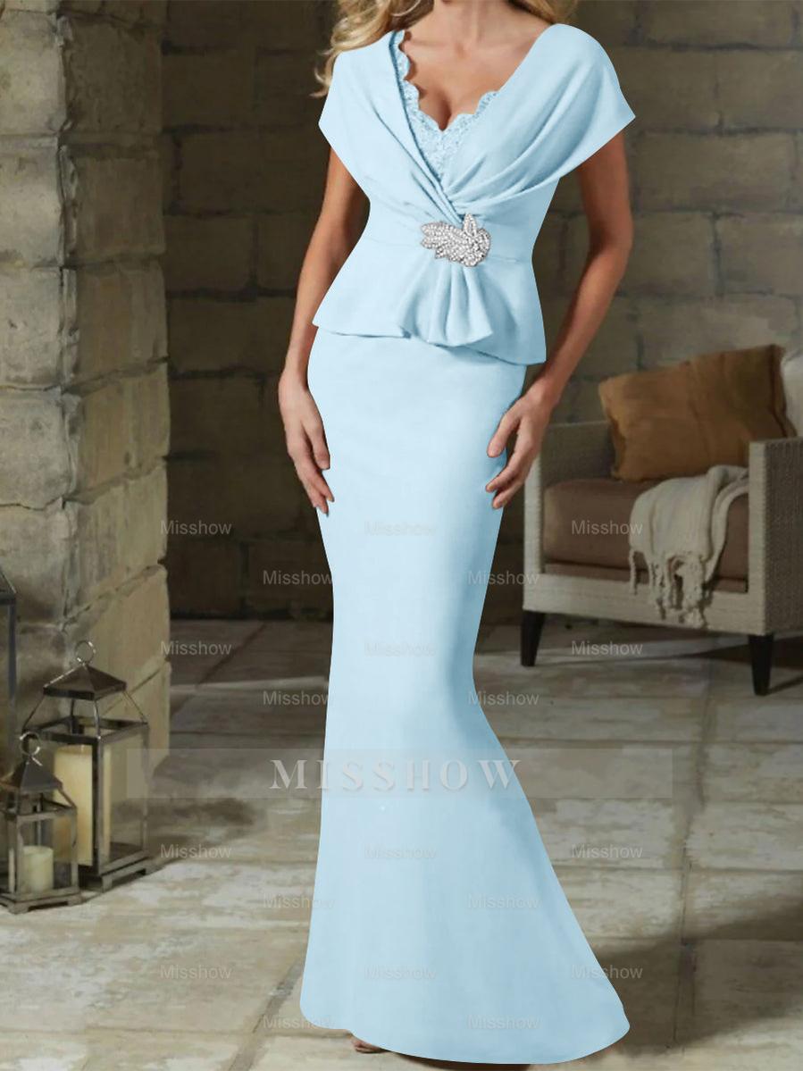 V-Neck Belted Mother of the Bride Sheath/Column Dresses