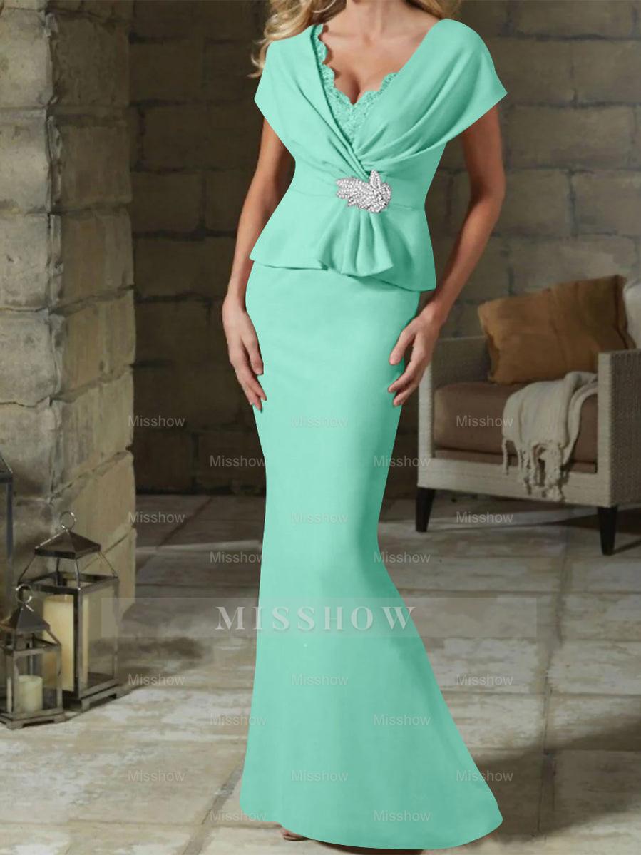 V-Neck Belted Mother of the Bride Sheath/Column Dresses
