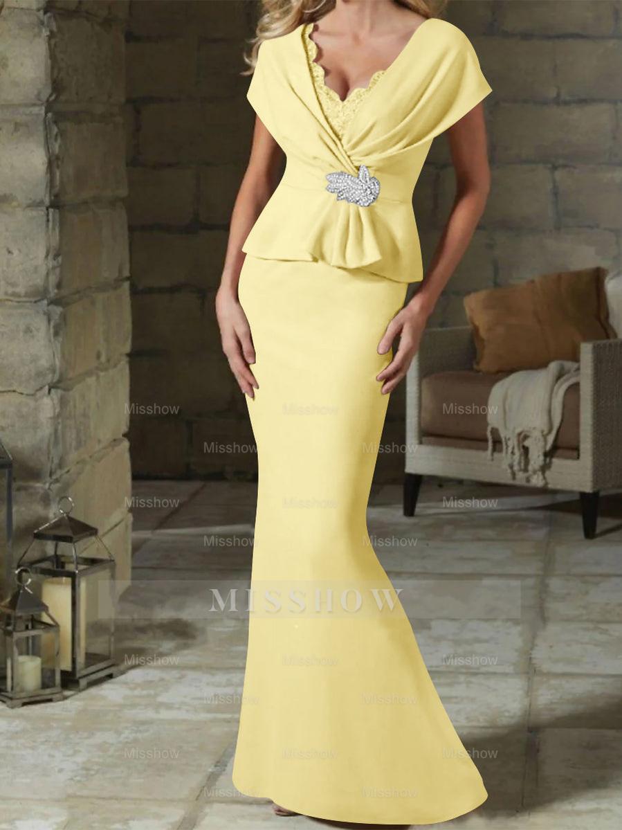 V-Neck Belted Mother of the Bride Sheath/Column Dresses