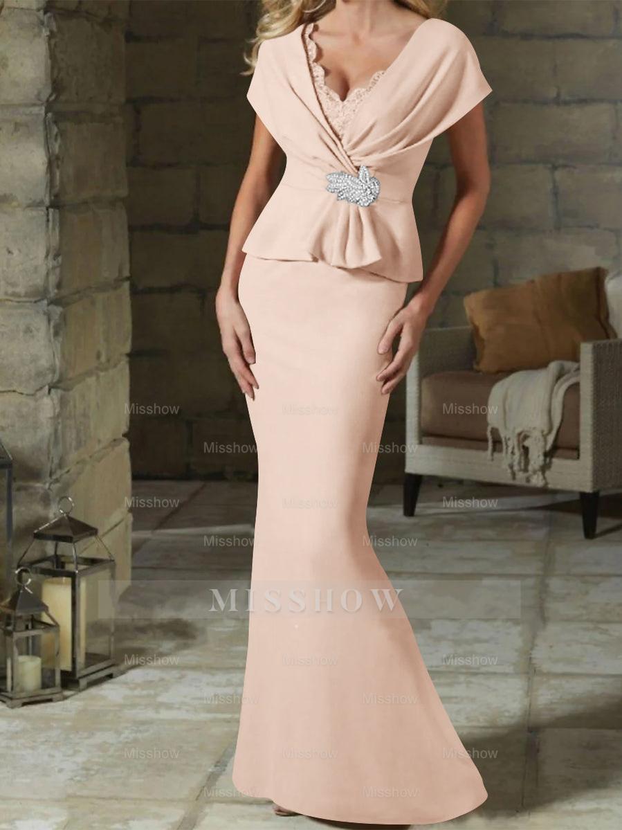 V-Neck Belted Mother of the Bride Sheath/Column Dresses