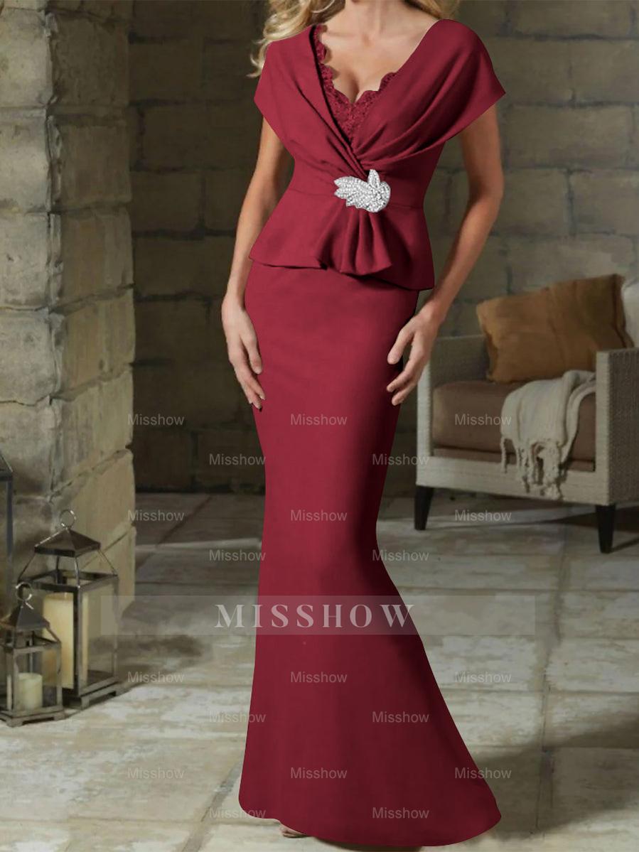 V-Neck Belted Mother of the Bride Sheath/Column Dresses