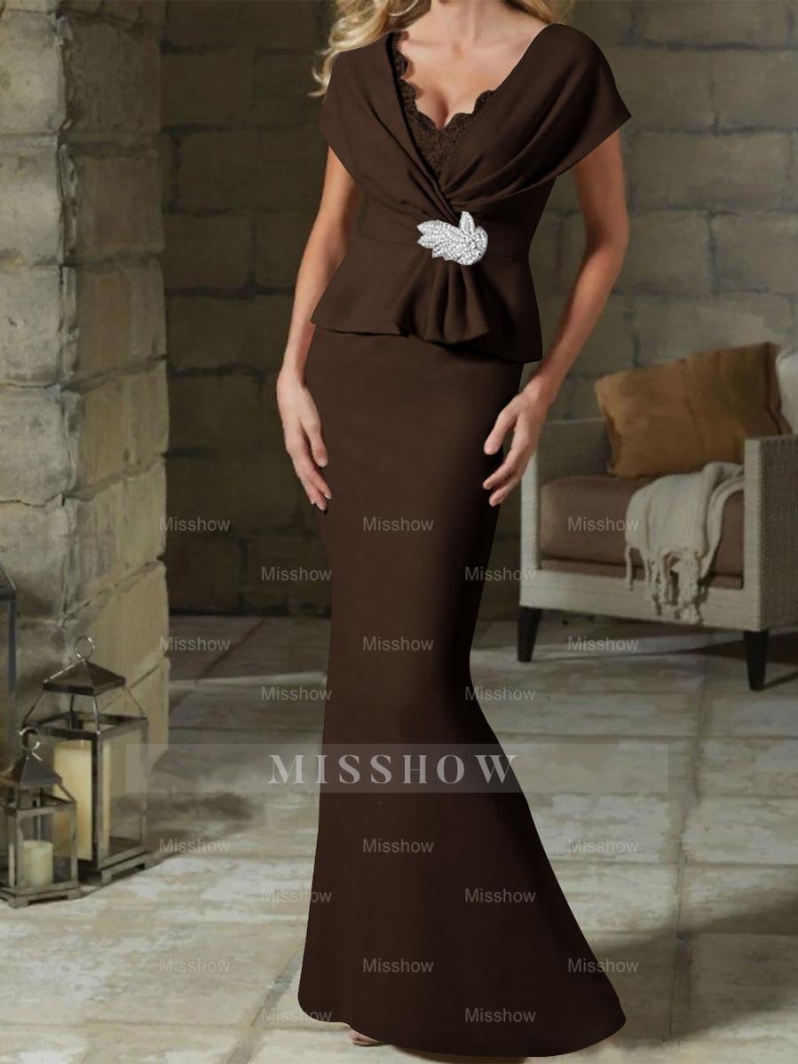 V-Neck Belted Mother of the Bride Sheath/Column Dresses