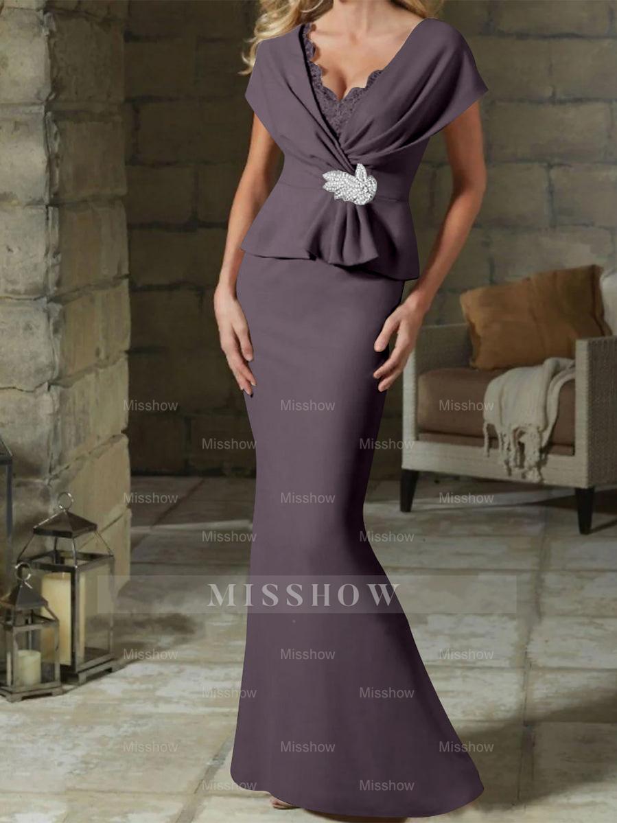 V-Neck Belted Mother of the Bride Sheath/Column Dresses