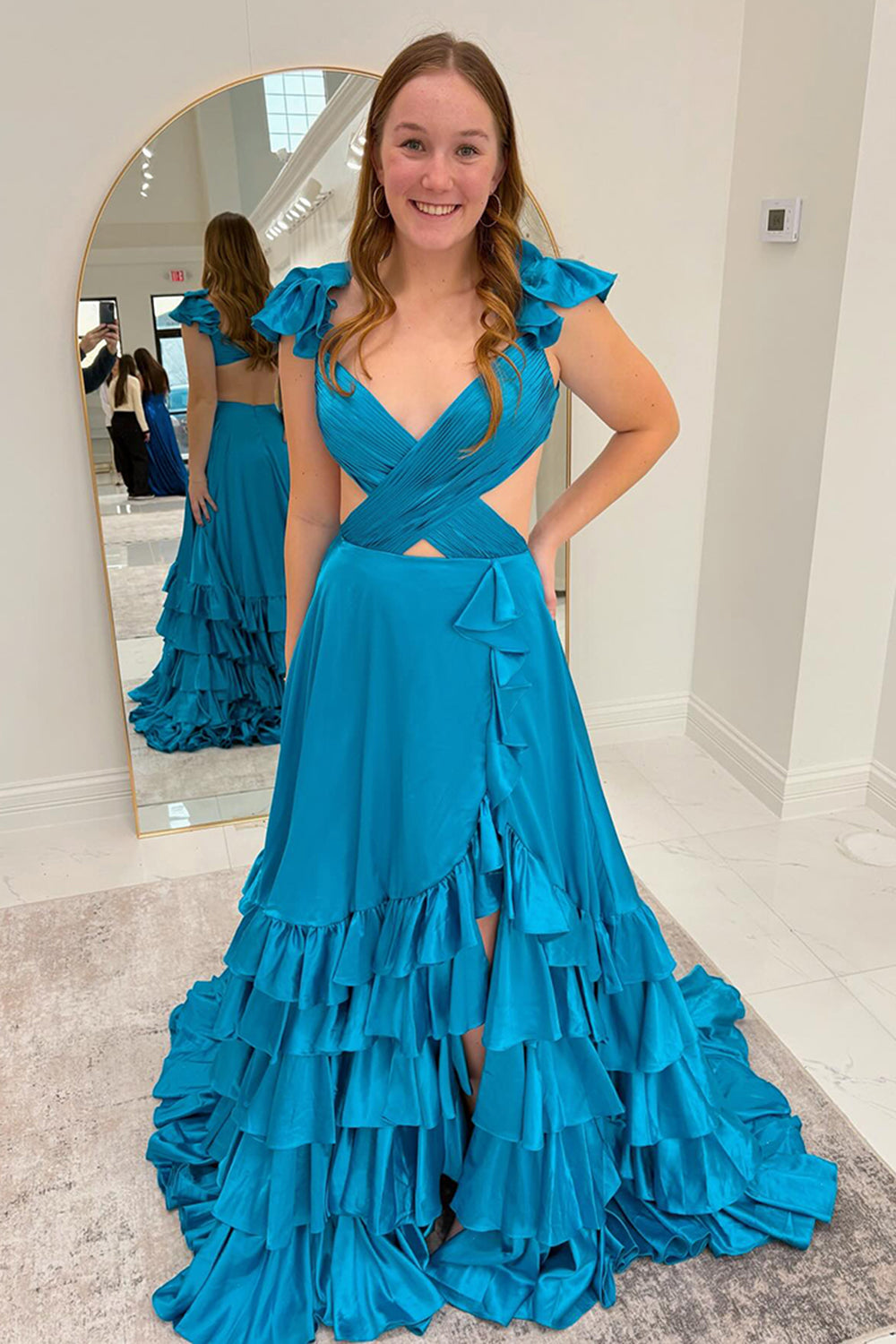 V-Neck Cap Sleeve Cross-Wrap Cutout Tiered Ruffle Satin A-Line Prom Dress Open Back Front Slit Sweep Train