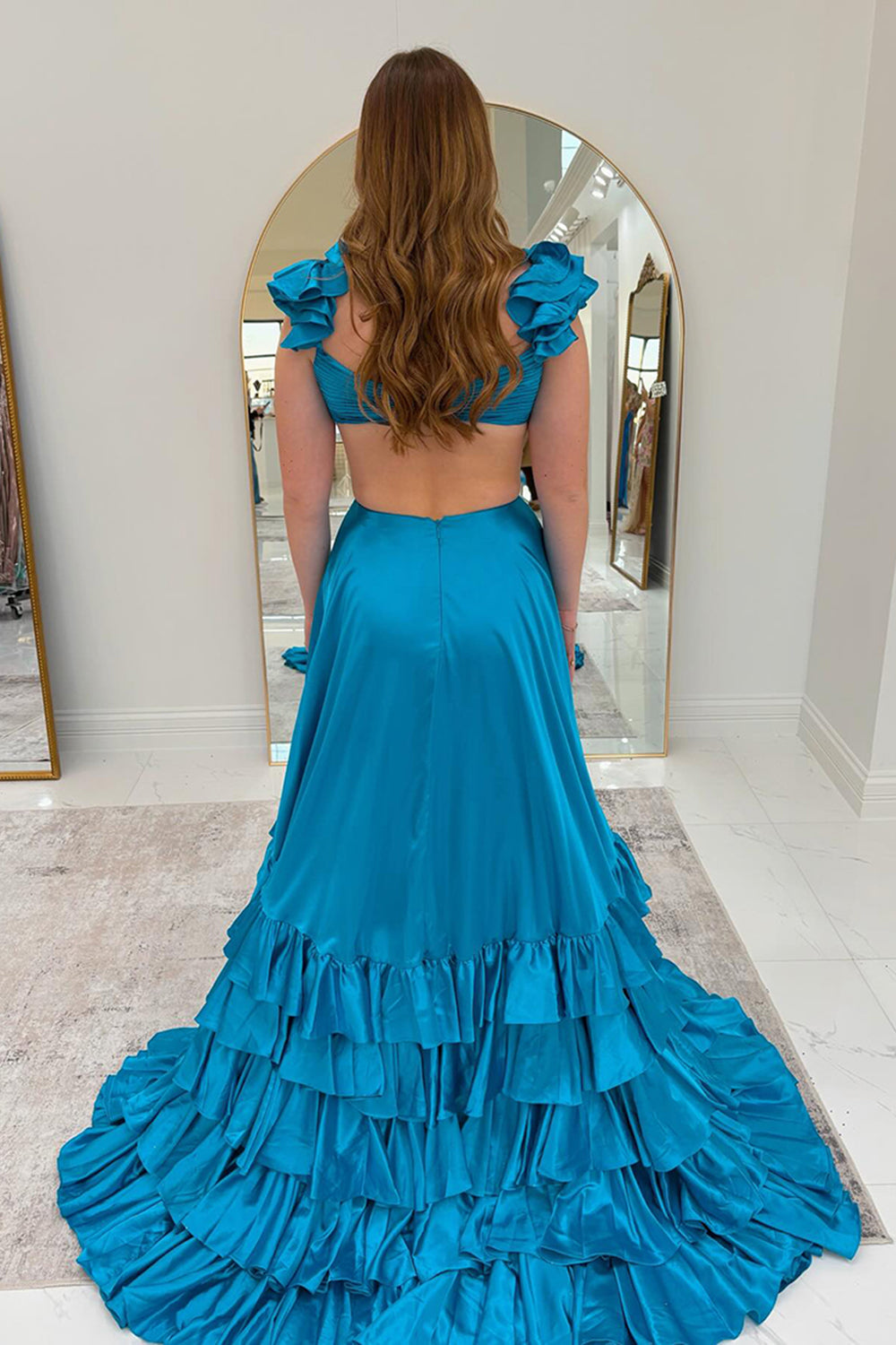 V-Neck Cap Sleeve Cross-Wrap Cutout Tiered Ruffle Satin A-Line Prom Dress Open Back Front Slit Sweep Train