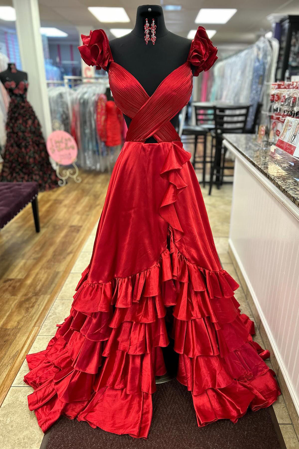 V-Neck Cap Sleeve Cross-Wrap Cutout Tiered Ruffle Satin A-Line Prom Dress Open Back Front Slit Sweep Train