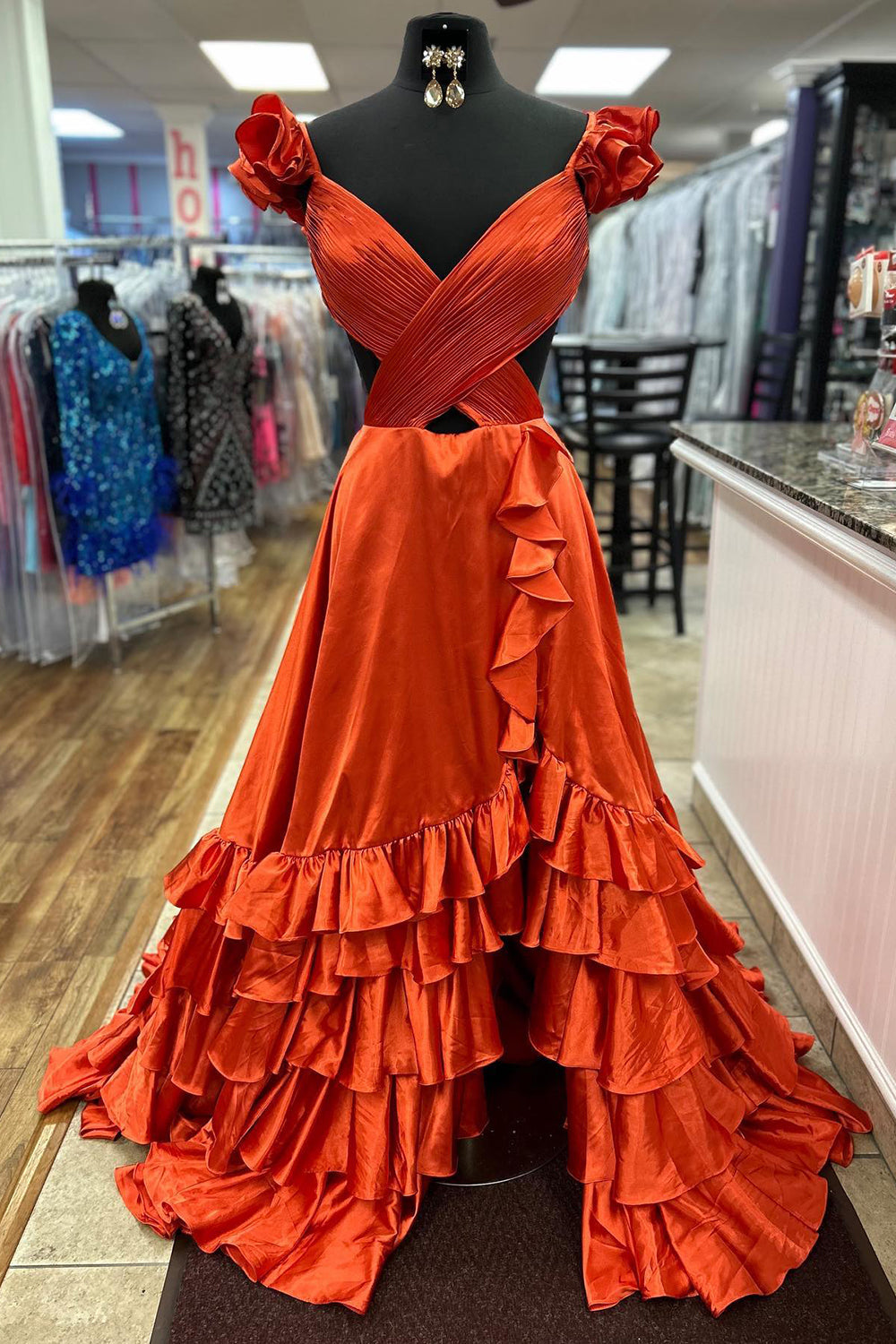 V-Neck Cap Sleeve Cross-Wrap Cutout Tiered Ruffle Satin A-Line Prom Dress Open Back Front Slit Sweep Train
