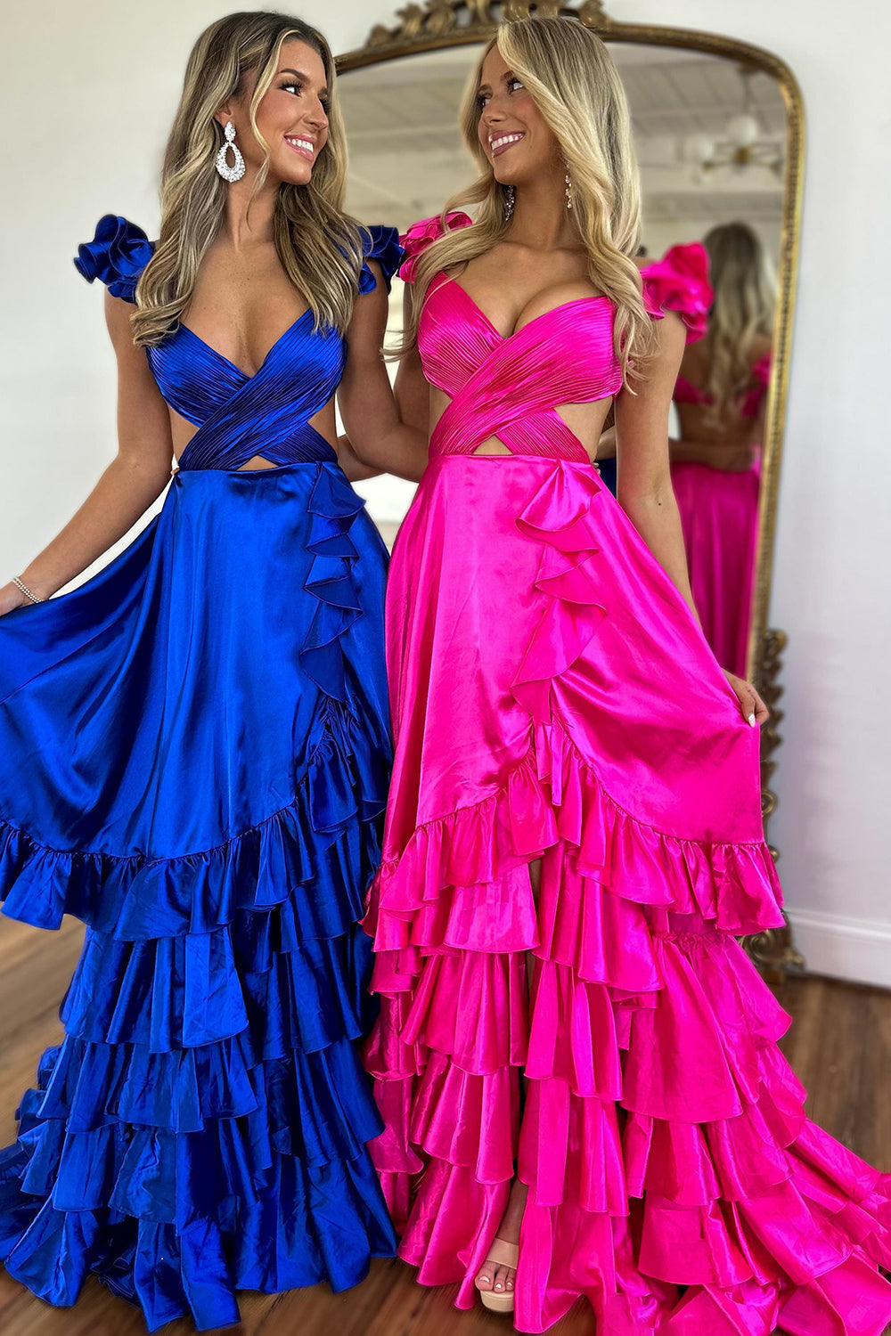 V-Neck Cap Sleeve Cross-Wrap Cutout Tiered Ruffle Satin A-Line Prom Dress Open Back Front Slit Sweep Train