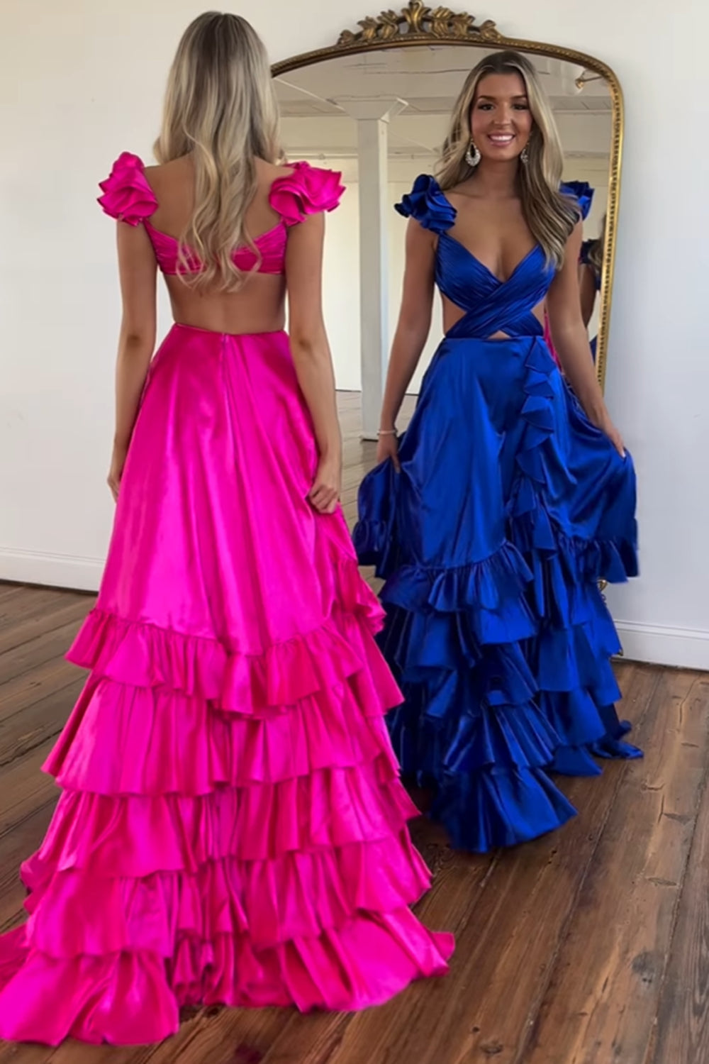V-Neck Cap Sleeve Cross-Wrap Cutout Tiered Ruffle Satin A-Line Prom Dress Open Back Front Slit Sweep Train