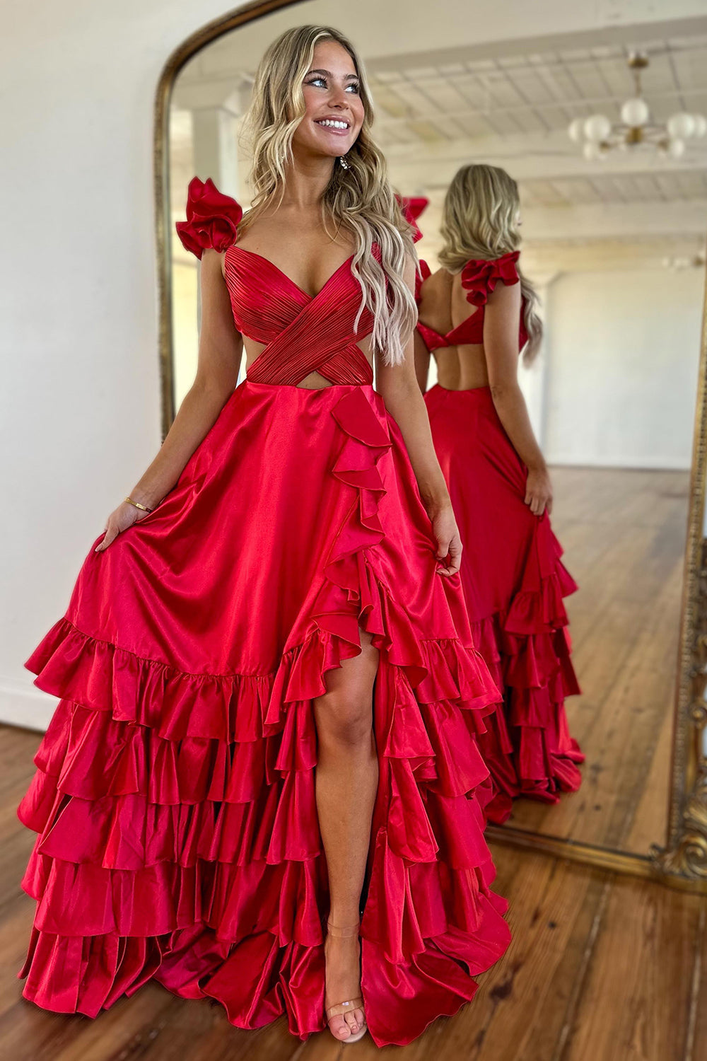 V-Neck Cap Sleeve Cross-Wrap Cutout Tiered Ruffle Satin A-Line Prom Dress Open Back Front Slit Sweep Train