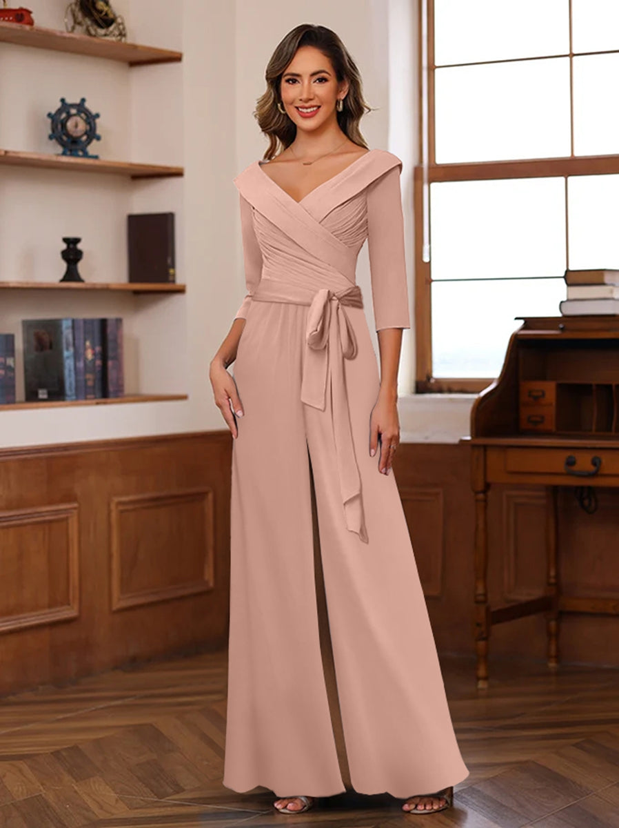 V-Neck Chiffon Jumpsuit with Ruched Detail and 3/4 Sleeves for the Mother