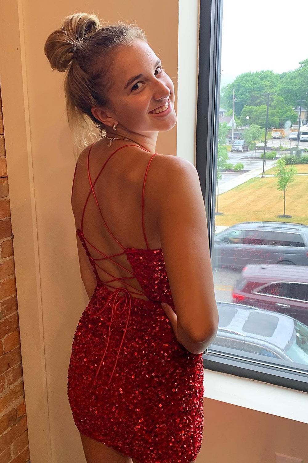 V-Neck Double Spaghetti Straps All-Over Sequin Criss-Cross Lace-Up Open Back Bodycon Homecoming Dress Mini