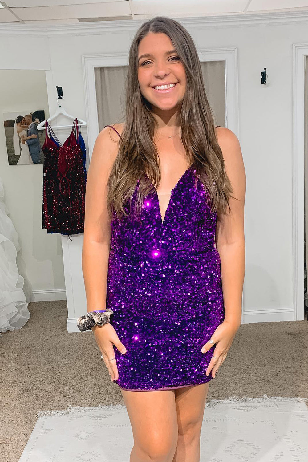 V-Neck Double Spaghetti Straps All-Over Sequin Criss-Cross Lace-Up Open Back Bodycon Homecoming Dress Mini