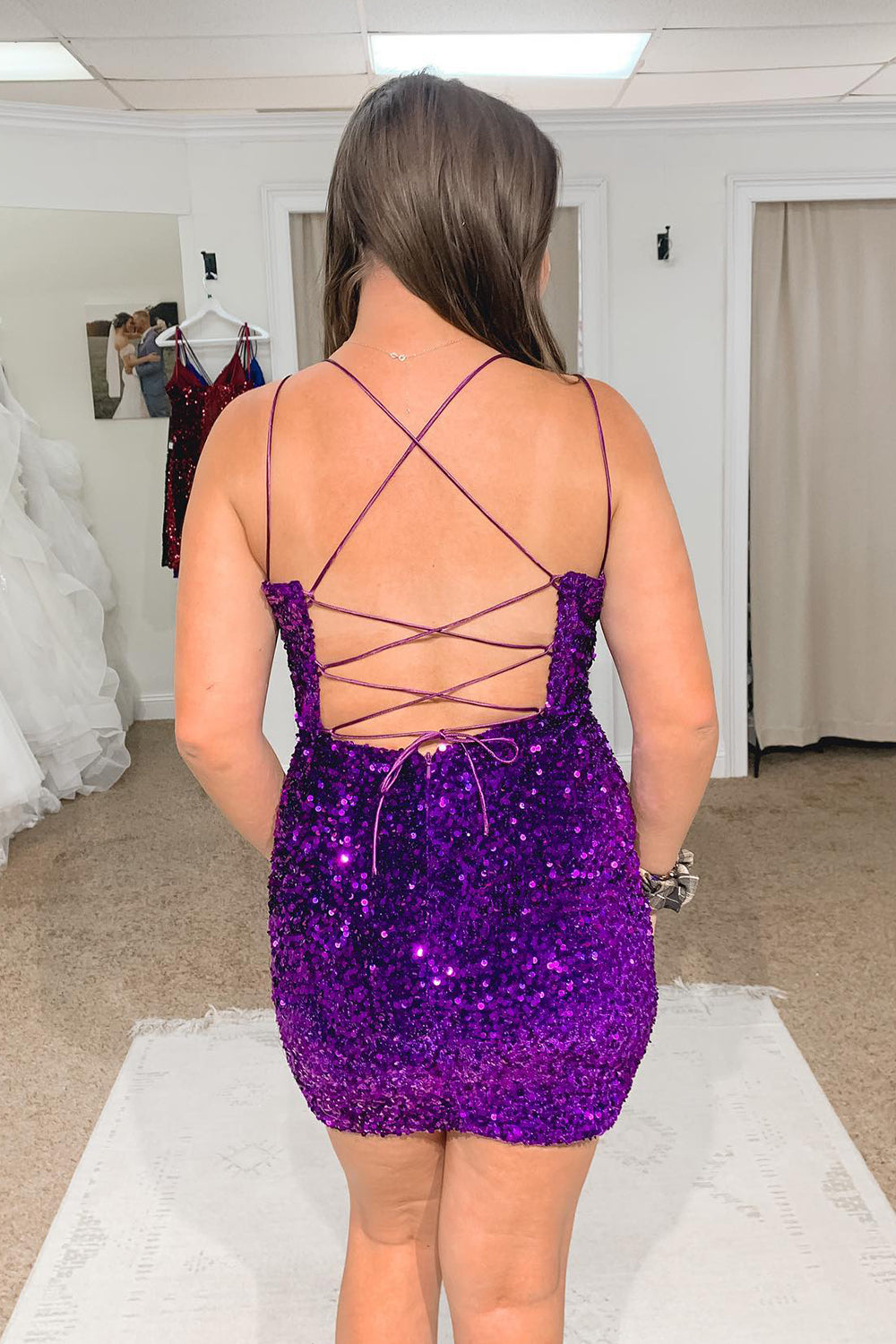 V-Neck Double Spaghetti Straps All-Over Sequin Criss-Cross Lace-Up Open Back Bodycon Homecoming Dress Mini