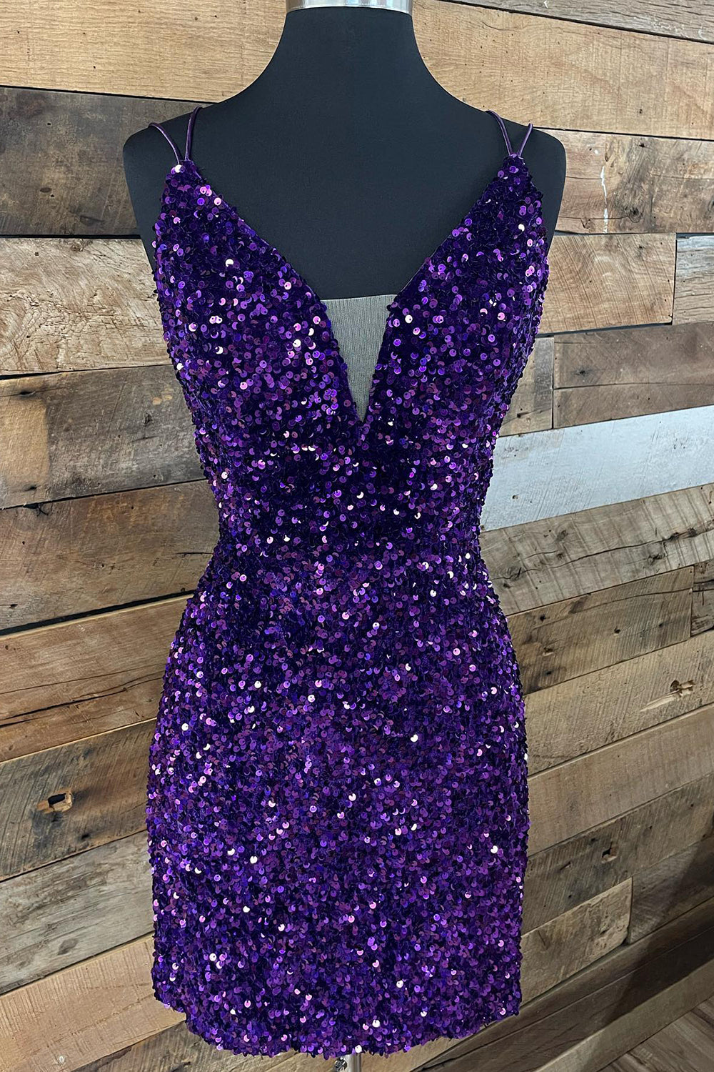V-Neck Double Spaghetti Straps All-Over Sequin Criss-Cross Lace-Up Open Back Bodycon Homecoming Dress Mini