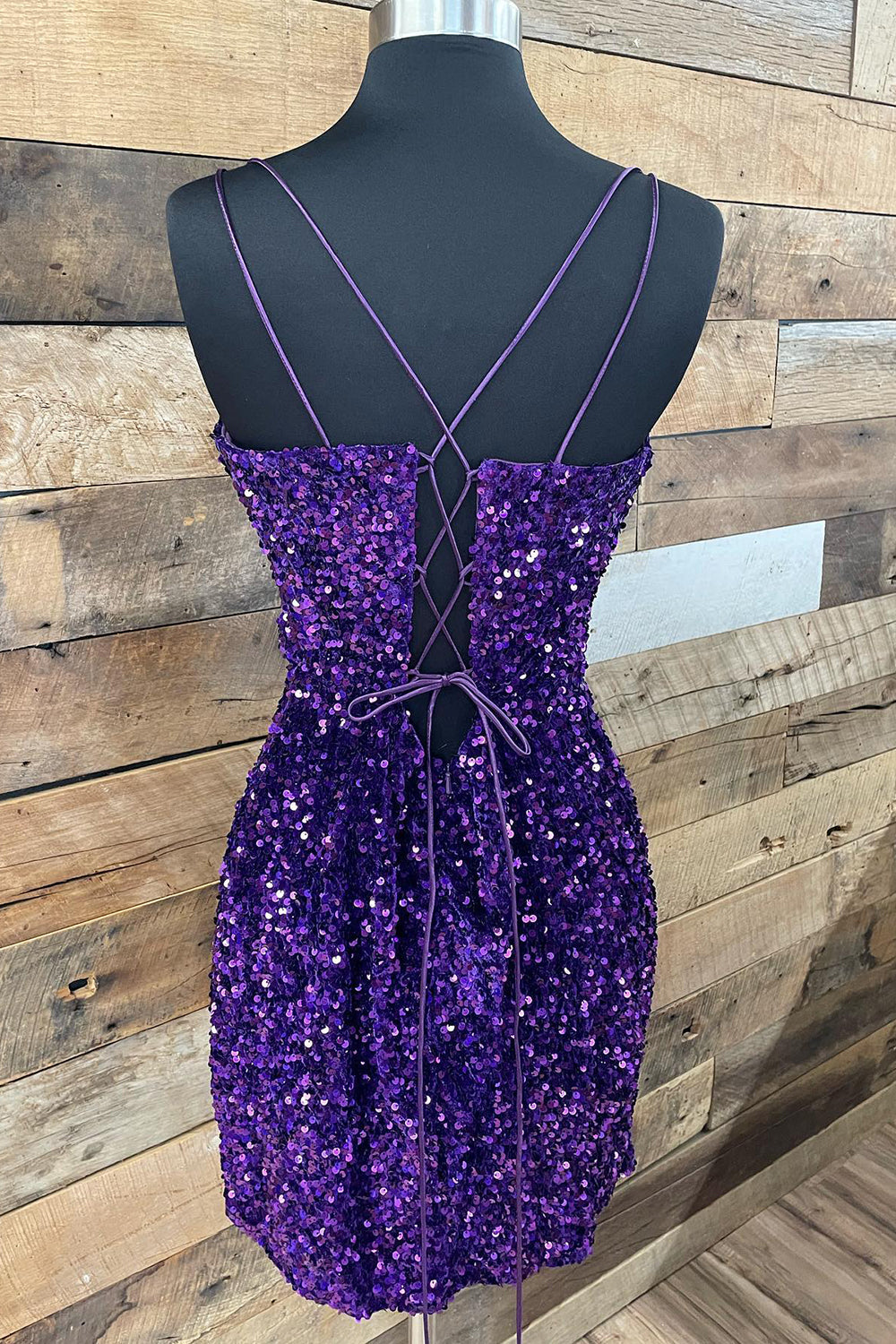 V-Neck Double Spaghetti Straps All-Over Sequin Criss-Cross Lace-Up Open Back Bodycon Homecoming Dress Mini