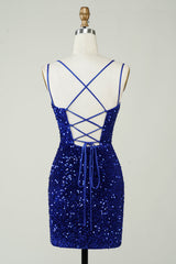 V-Neck Double Spaghetti Straps All-Over Sequin Criss-Cross Lace-Up Open Back Bodycon Homecoming Dress Mini