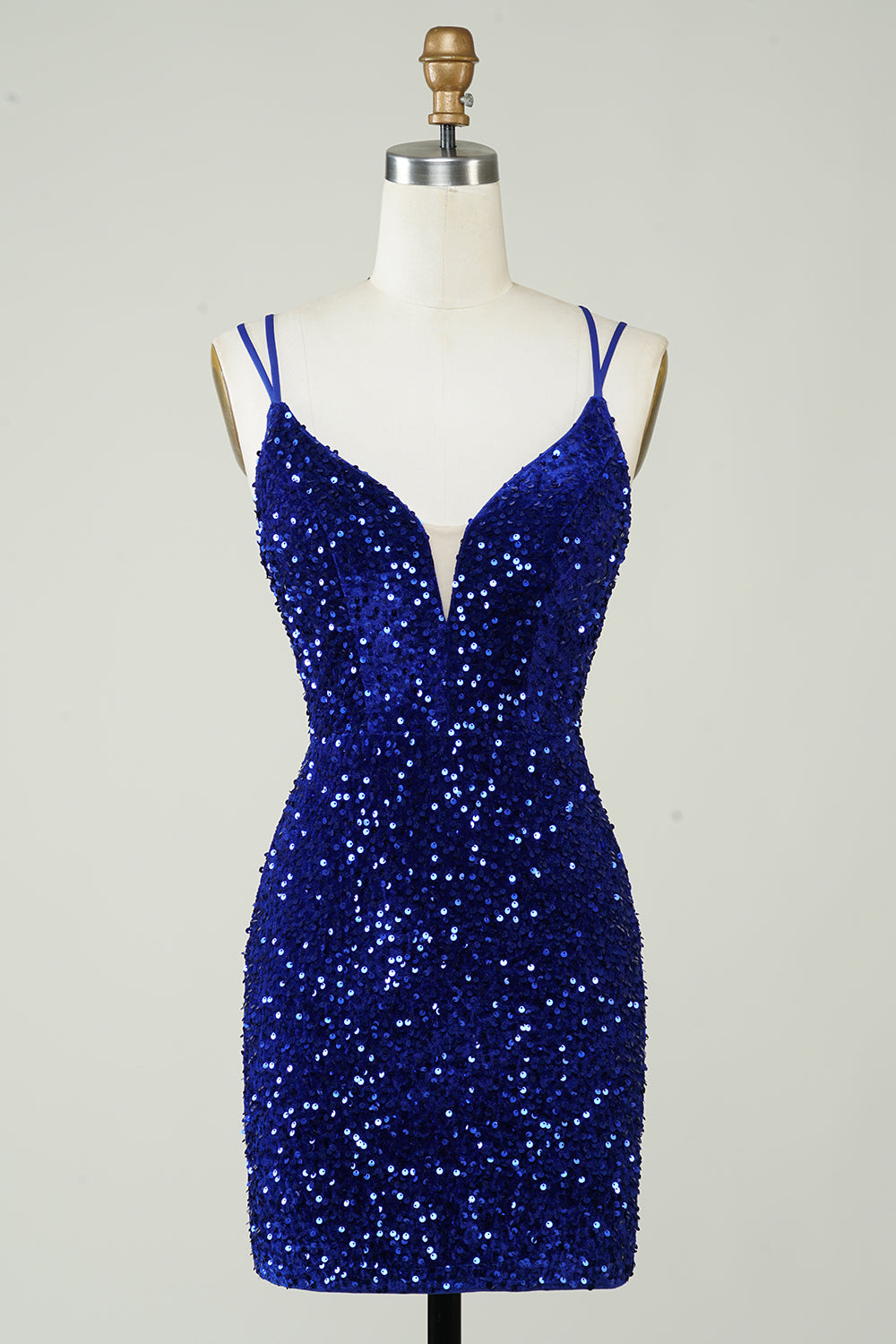 V-Neck Double Spaghetti Straps All-Over Sequin Criss-Cross Lace-Up Open Back Bodycon Homecoming Dress Mini