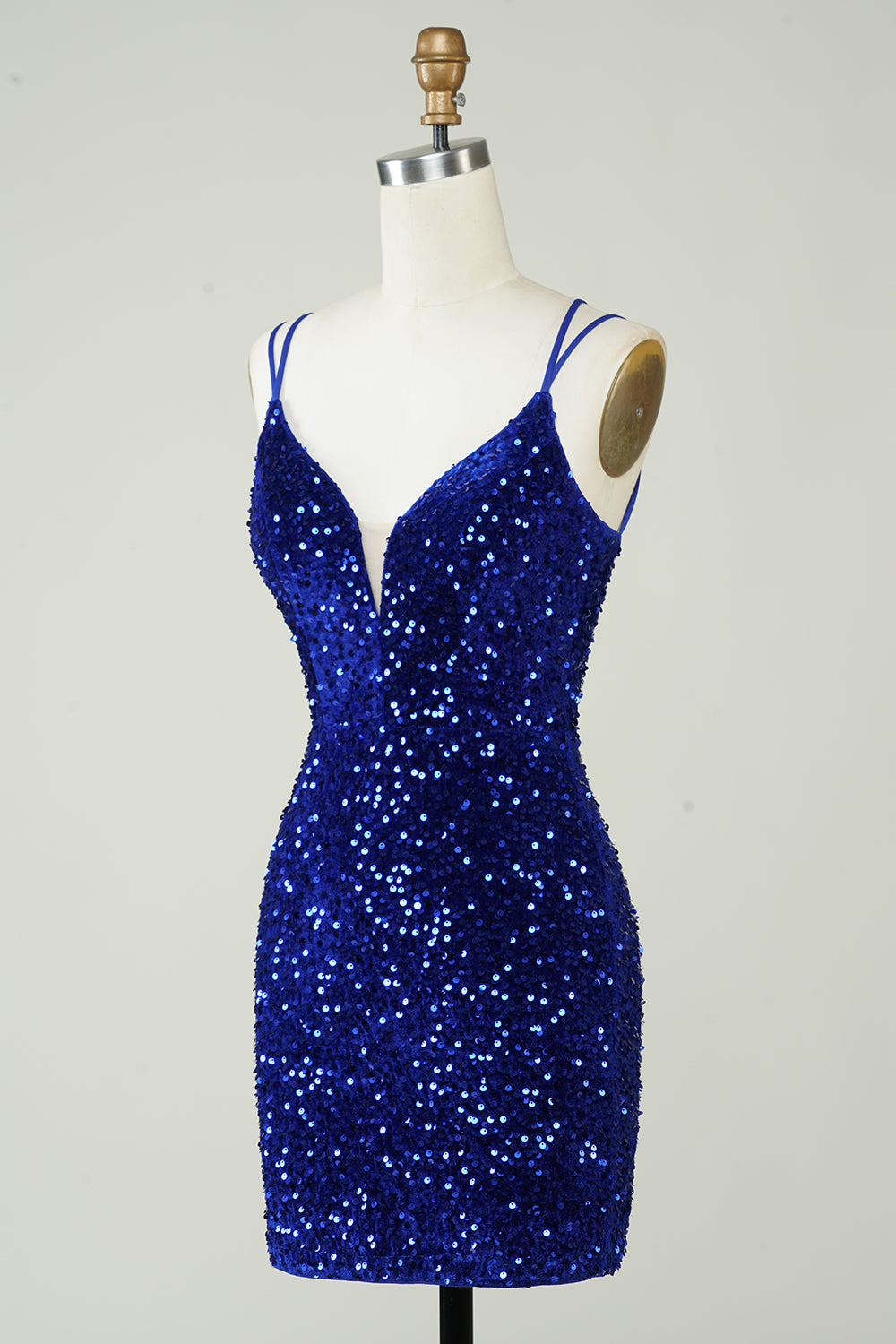 V-Neck Double Spaghetti Straps All-Over Sequin Criss-Cross Lace-Up Open Back Bodycon Homecoming Dress Mini