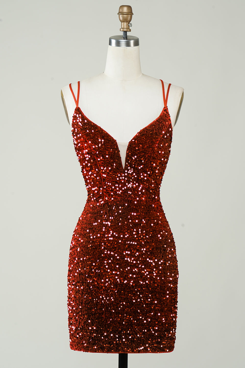 V-Neck Double Spaghetti Straps All-Over Sequin Criss-Cross Lace-Up Open Back Bodycon Homecoming Dress Mini