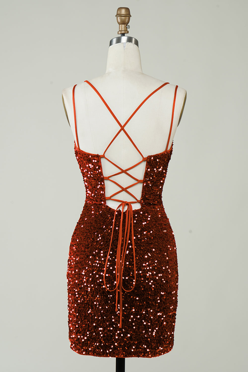 V-Neck Double Spaghetti Straps All-Over Sequin Criss-Cross Lace-Up Open Back Bodycon Homecoming Dress Mini