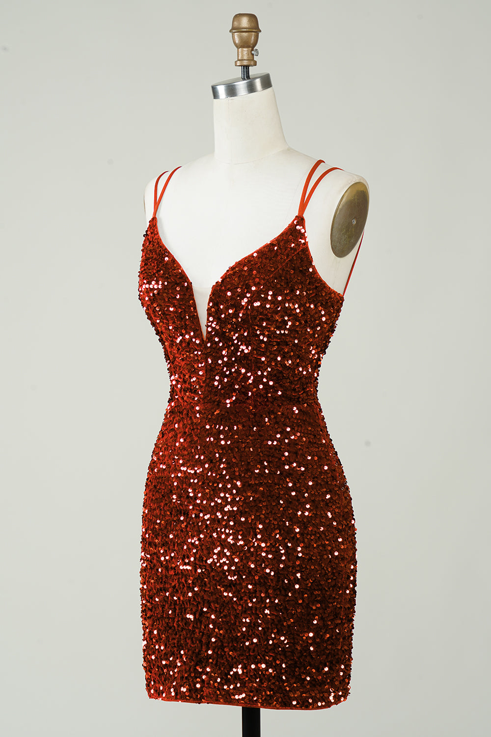 V-Neck Double Spaghetti Straps All-Over Sequin Criss-Cross Lace-Up Open Back Bodycon Homecoming Dress Mini
