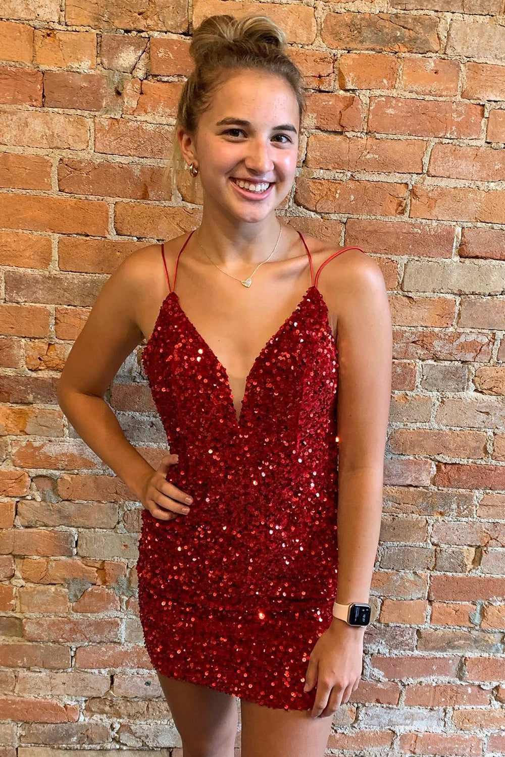 V-Neck Double Spaghetti Straps All-Over Sequin Criss-Cross Lace-Up Open Back Bodycon Homecoming Dress Mini