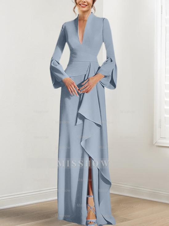 V-Neck Floor-Length Mother of the Bride Dress With Side Split and Long Sleeves