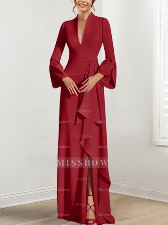 V-Neck Floor-Length Mother of the Bride Dress With Side Split and Long Sleeves