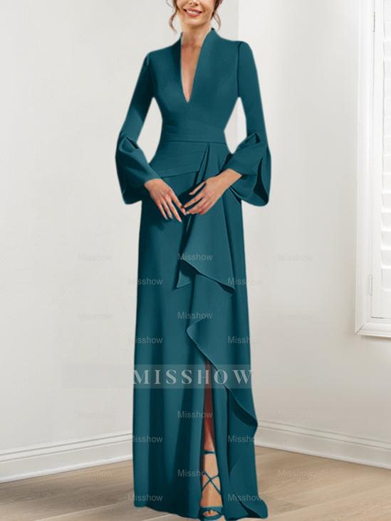 V-Neck Floor-Length Mother of the Bride Dress With Side Split and Long Sleeves
