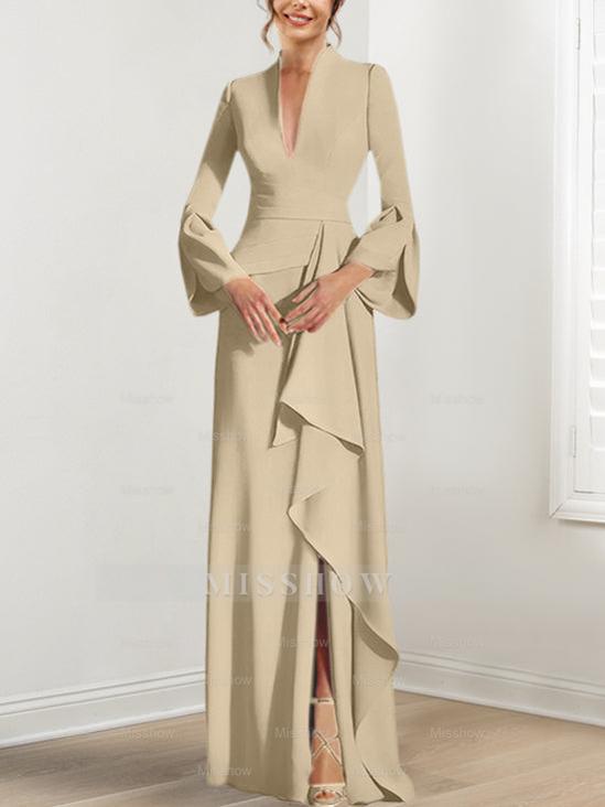 V-Neck Floor-Length Mother of the Bride Dress With Side Split and Long Sleeves