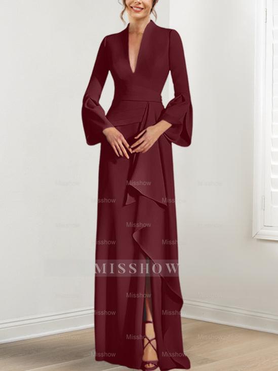 V-Neck Floor-Length Mother of the Bride Dress With Side Split and Long Sleeves