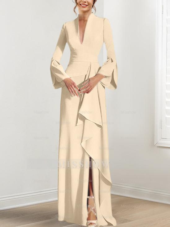 V-Neck Floor-Length Mother of the Bride Dress With Side Split and Long Sleeves