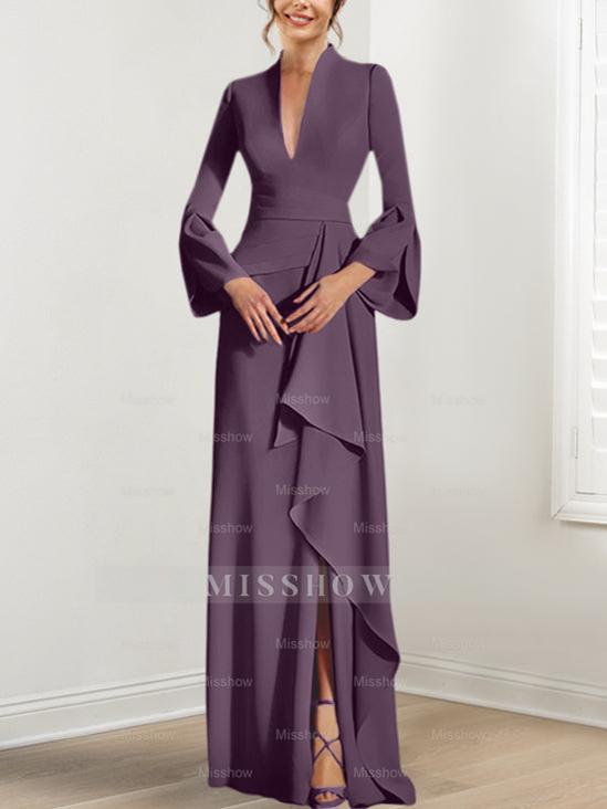 V-Neck Floor-Length Mother of the Bride Dress With Side Split and Long Sleeves