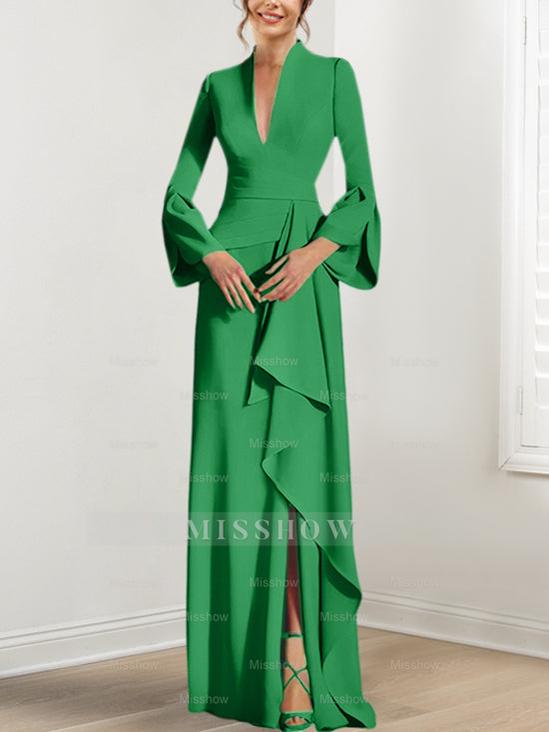 V-Neck Floor-Length Mother of the Bride Dress With Side Split and Long Sleeves