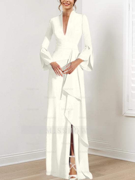 V-Neck Floor-Length Mother of the Bride Dress With Side Split and Long Sleeves