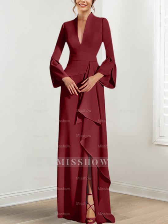 V-Neck Floor-Length Mother of the Bride Dress With Side Split and Long Sleeves