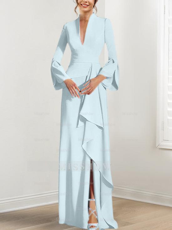 V-Neck Floor-Length Mother of the Bride Dress With Side Split and Long Sleeves