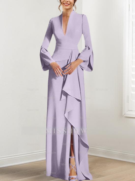 V-Neck Floor-Length Mother of the Bride Dress With Side Split and Long Sleeves