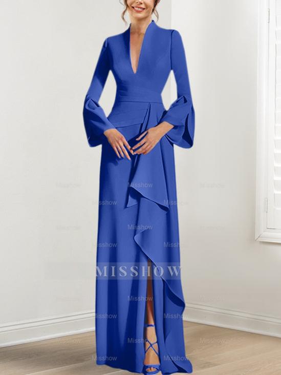 V-Neck Floor-Length Mother of the Bride Dress With Side Split and Long Sleeves
