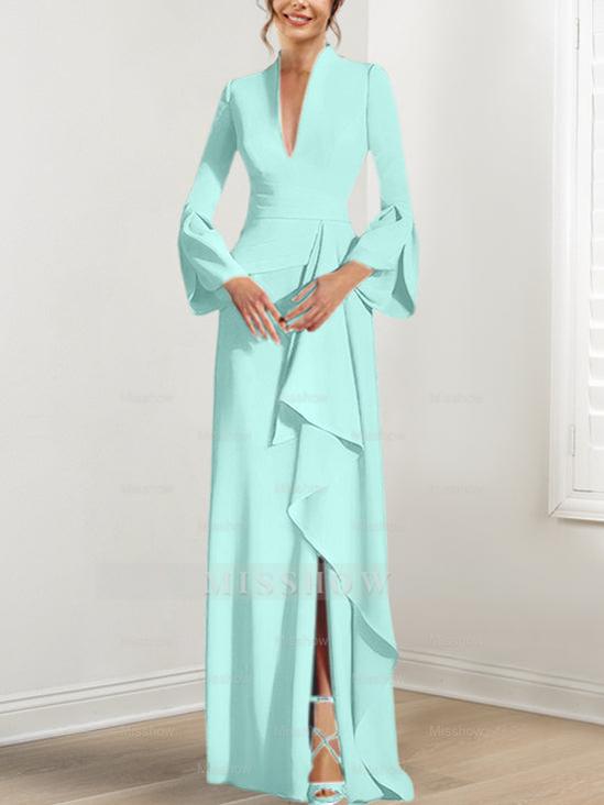 V-Neck Floor-Length Mother of the Bride Dress With Side Split and Long Sleeves